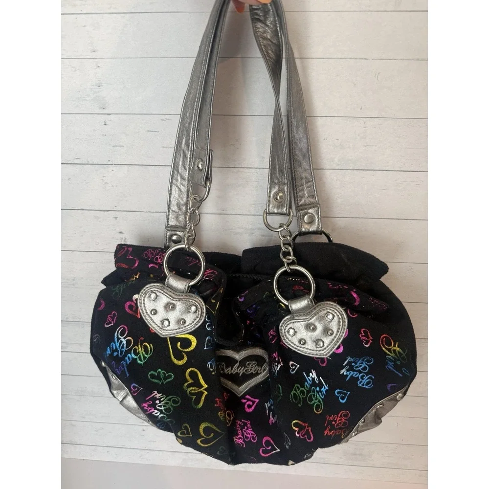 Y2K Baby Girl Heart Shoulder Bag Black Velour Metallic Silver Studded Purse